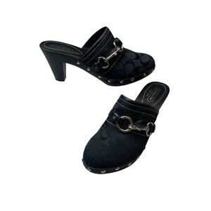 Coach Sutton Y2K Black Silvertone Buckle Wood Heeled Mules Women’s Size 8.5